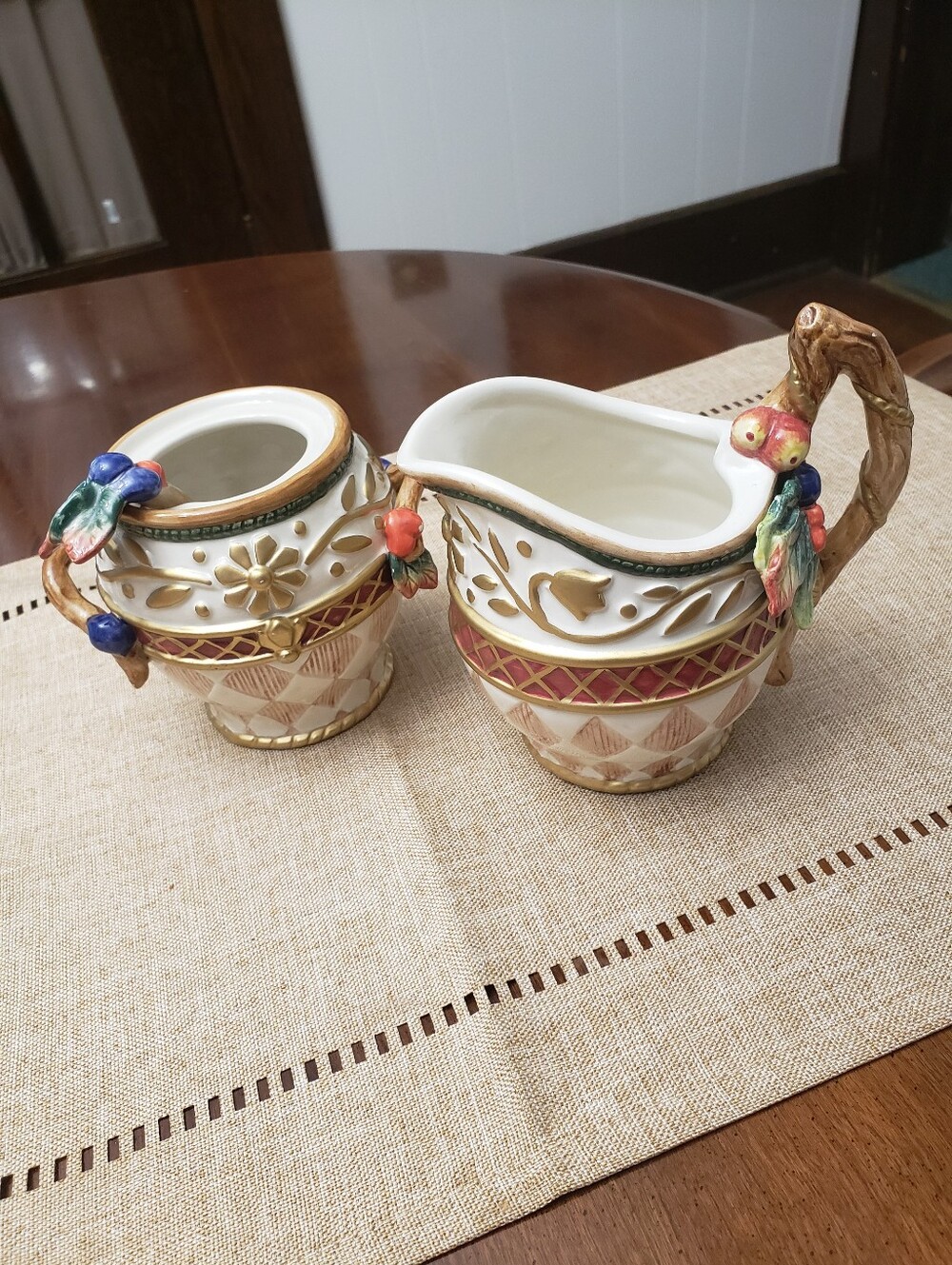 FITZ & FLOYD Christmas Sugar & Creamer Set No Lid Jolly Oh Saint Nick